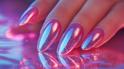 A close-up of a hand with glossy, iridescent pink nails reflecting light.