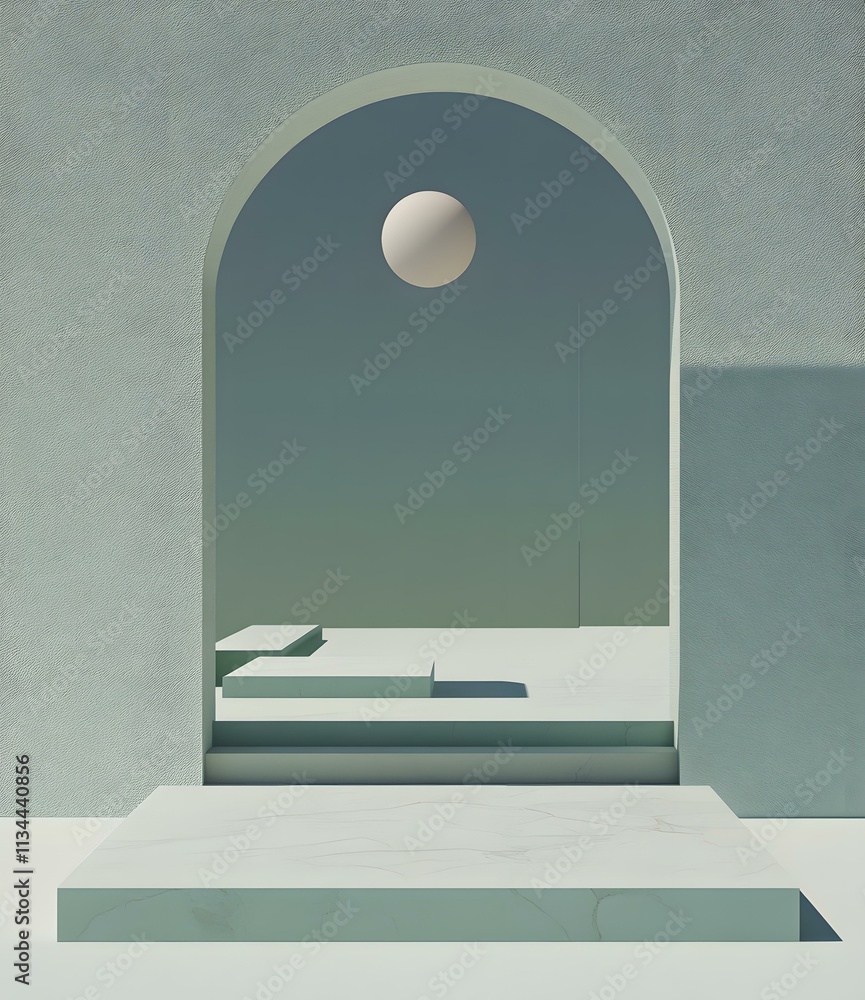 Poster abstract minimalist archway with marble steps and a floating sphere