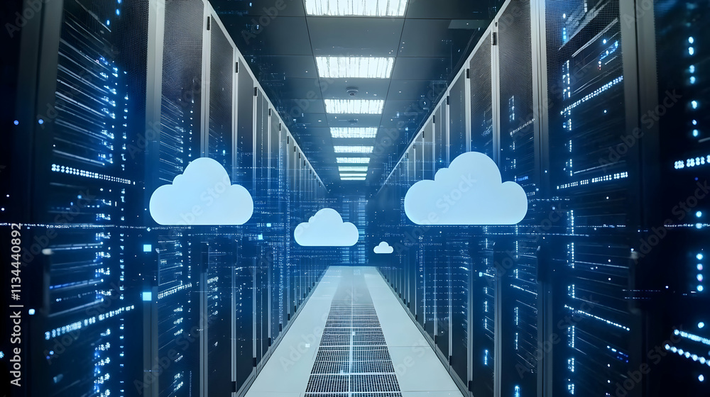 Poster cloud computing data center server room.
