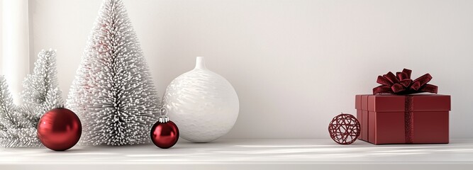 White background with a Christmas tree toy and gift box. White and red color palette. Minimalistic design