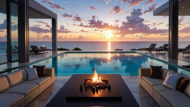 Video footage of luxurious outdoor setting with a modern fire pit, surrounded by sofas, overlooking an infinity pool and a stunning ocean sunset