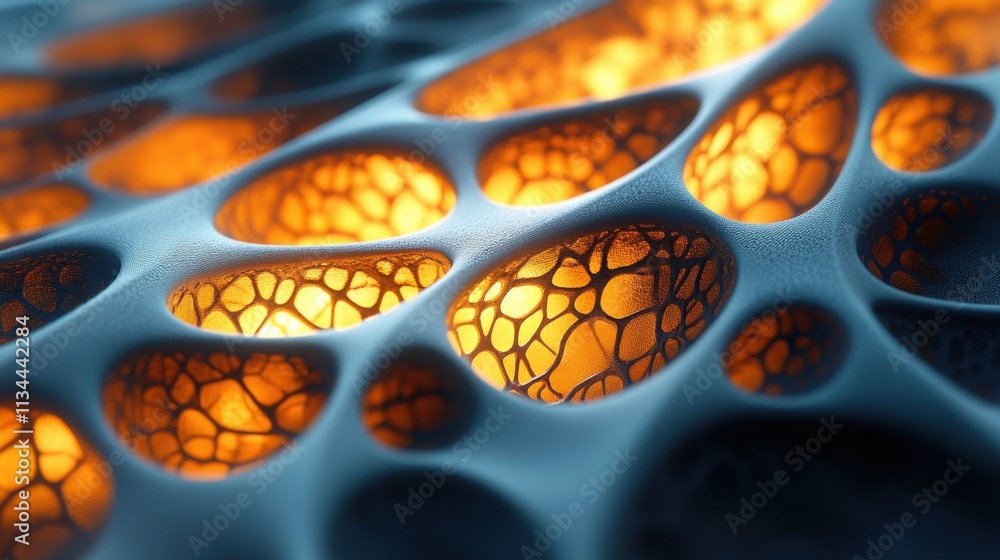Poster luminous abstract patterns create an ethereal atmosphere in a dark microscopic environment