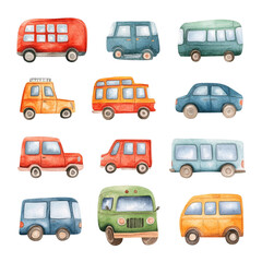 Cute Watercolor Vehicles Collection: A Delightful Set of Transportation Illustrations