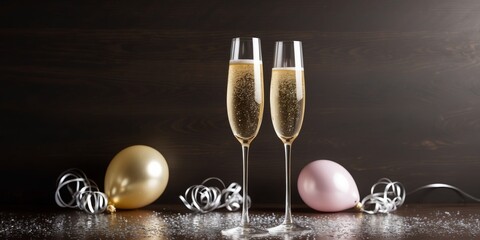 Sparkling celebration with champagne flutes and festive decorations on a dark wood background during a joyous occasion