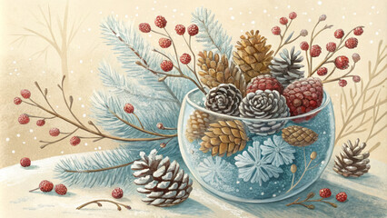 beautiful arrangement of pinecones, berries, and frosty branches in glass vase creates vibrant winter scene. delicate details evoke cozy, festive atmosphere