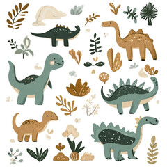 Adorable Dinosaurs and Prehistoric Plants: A Whimsical Illustration