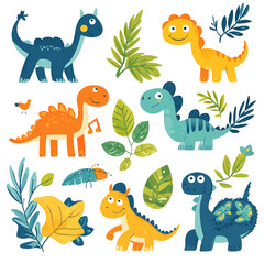 Naklejka premium Adorable Dinosaurs in Tropical Paradise: A Delightful Illustration of Playful Dinosaurs Surrounded by Lush Tropical Foliage