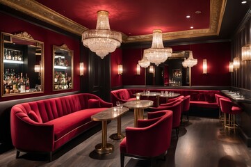 Luxurious red velvet lounge with crystal chandeliers, gold accents, and marble tables.