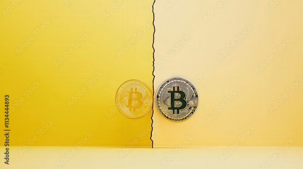 Poster a split screen showing legitimate bitcoin trading on one side and a scam on the other.