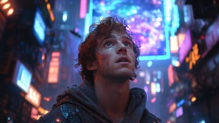 Obraz premium Young man looking upwards in a futuristic neon-lit city