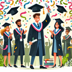 Flat Chibi Graduates Celebrating with Colorful Confetti in Soft Abstract Background with Copy Space for Text Branding