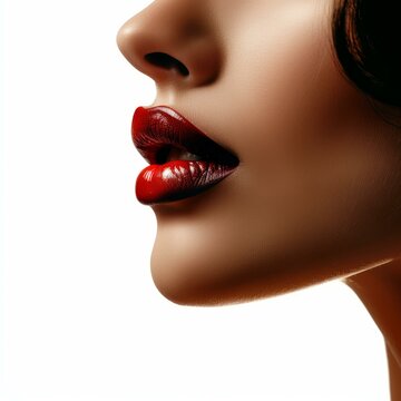 Perfect pouty lips wearing glossy red lipstick are the focus of this beauty shot highlighting flawless skin and makeup artistry