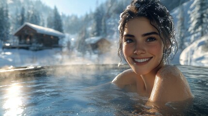 Fototapeta premium Smiling woman relaxing in a hot spring surrounded by snowy landscape