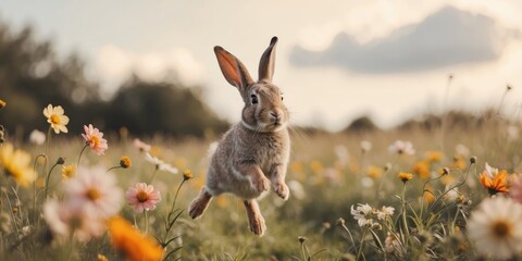 Bouncing rabbit in a field of wildflowers