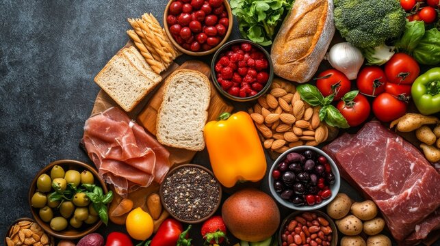 Colorful platter of assorted cheeses fruits and meats