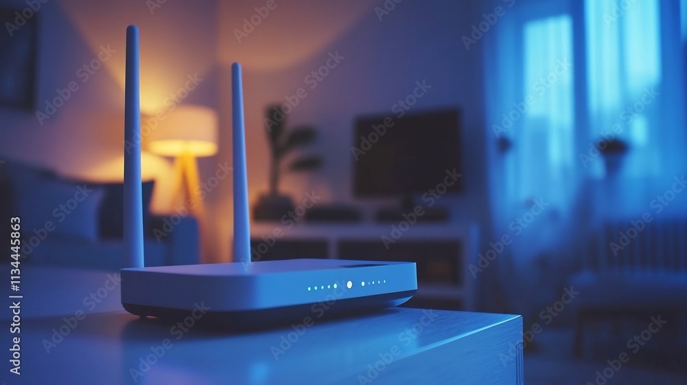 Poster router and wifi router in modern living room with secure internet connection and network