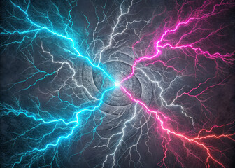 dynamic abstract illustration featuring jagged paths of blue and pink lightning converging in central vortex, creating striking visual effect