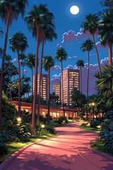 Fototapeta premium Tropical Resort Pathway Under Moonlight Illuminating Buildings