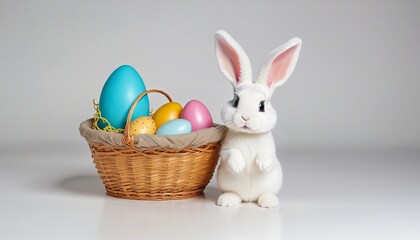 cute easter season illustration with white bunny and easter eggs