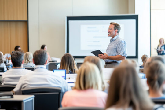 Professional speaker conducting a presentation for an engaged audience in a conference