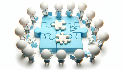 3D Soft abstract digital art with team members solving puzzle copy space below. concept as Team members solving a puzzle on a soft abstract digital art background representing collaboration and proble