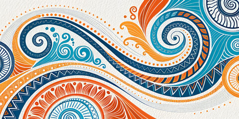 Fototapeta premium Vibrant swirling shapes and lines create dynamic op art pattern in blue and orange tones, evoking sense of movement and energy