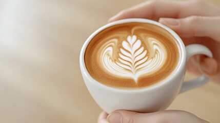 A beautifully crafted latte with intricate foam art, held gently in a white cup, showcasing a delicate leaf design.