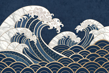 Elegant geometric wave pattern featuring white Carrara marble fragments on deep navy background, creating striking visual contrast and sense of tranquility