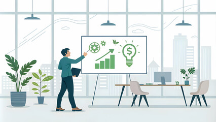 Obraz premium Entrepreneur Showcasing Green Finance Ideas on Glossy Whiteboard in Modern Office Environment