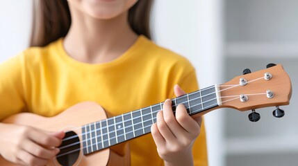 A young girl in a yellow shirt plays a ukulele, showcasing her musical talent and joy in a bright, serene environment.