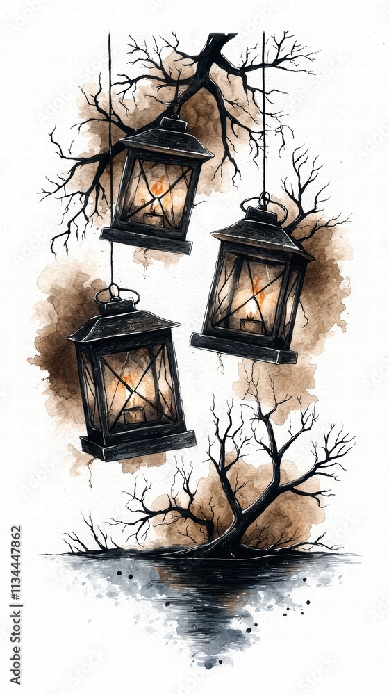 Poster three lanterns hanging from a bare tree branch.