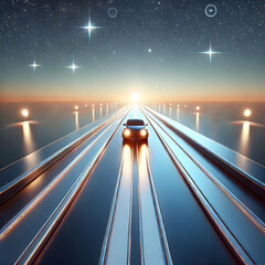 3D Glossy road with distant car lights and ample sky concept as A wide angle view of a glossy road stretching into the distance with faint car lights under a vast sky providing plenty of plain copy sp