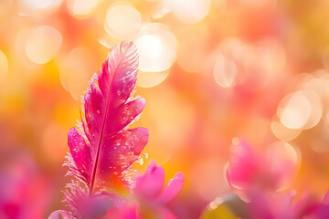 Pink feather with dew drops in sunlight.