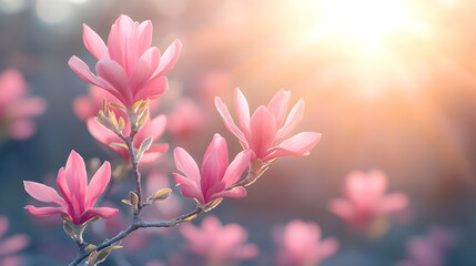 Obraz premium Pink magnolia blossoms in sunlight.