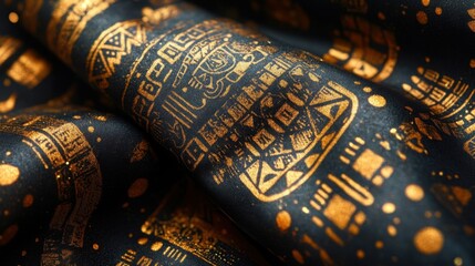 Rich golden patterns on dark fabric evoke ancient civilizations and intricate artistry from a distant past