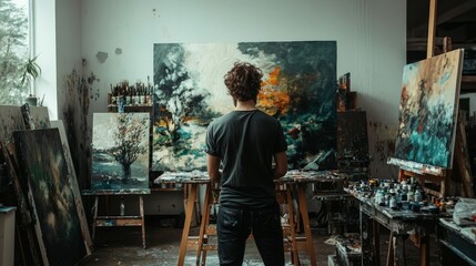 Artist viewing large abstract painting, cluttered studio.