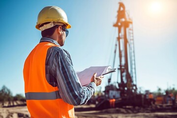 Petroleum Engineer Examining Drilling Equipment in Desert Oil Field under Clear Blue Sky