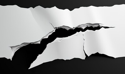 3D white torn paper with a black background, vector illustration. The torn edges are clean and defined, presented in a side-view with a wide-angle perspective that crisp texture and high resolution.