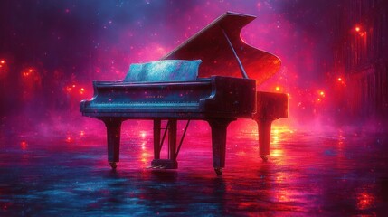 Grand piano in a vibrant, surreal, neon-lit scene.