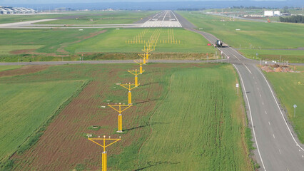 Aerial drone view of the runway lights at the new Western Sydney Airport at Badgerys Creek in...