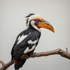 Obraz premium A hornbill perched calmly, feathers sleek and neat, with a clean white background.