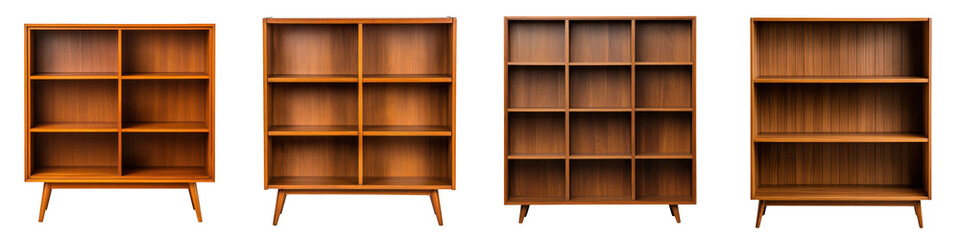 Modular and versatile wooden bookcase with geometric shelving arrangement in a warm midcentury modern style  Featuring clean lines a retro aesthetic and ample storage space for books decor and more