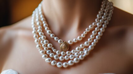 Elegant pearl necklace adorns a woman's neck.