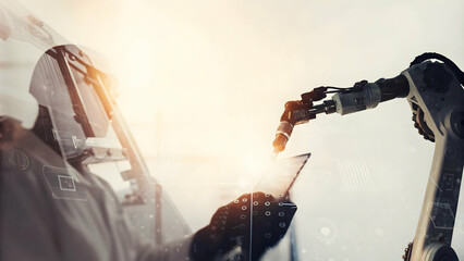 Fototapeta premium Technician Programming Robotic Arm Digital Interface Automation Precision Factory Operations