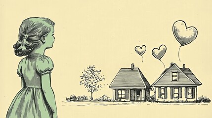 Vintage-style illustration of a girl and houses with heart balloons