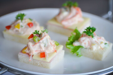 canape or toast with ham , cheese , crab stick and tuna