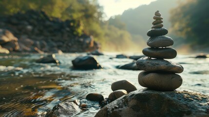 Calm riverbank with a balanced rock tower during a serene morning sunrise in nature