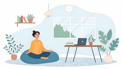 Fototapeta premium Serene Individual Meditating in Calming Home Office with Ample Copy Space for Text or Branding