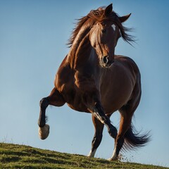 A chestnut horse rearing up on a hilltop, silhouetted against a brilliant blue and white background.