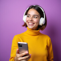 Woman Enjoying Music With Headphones and Smartphone Against Purple Background